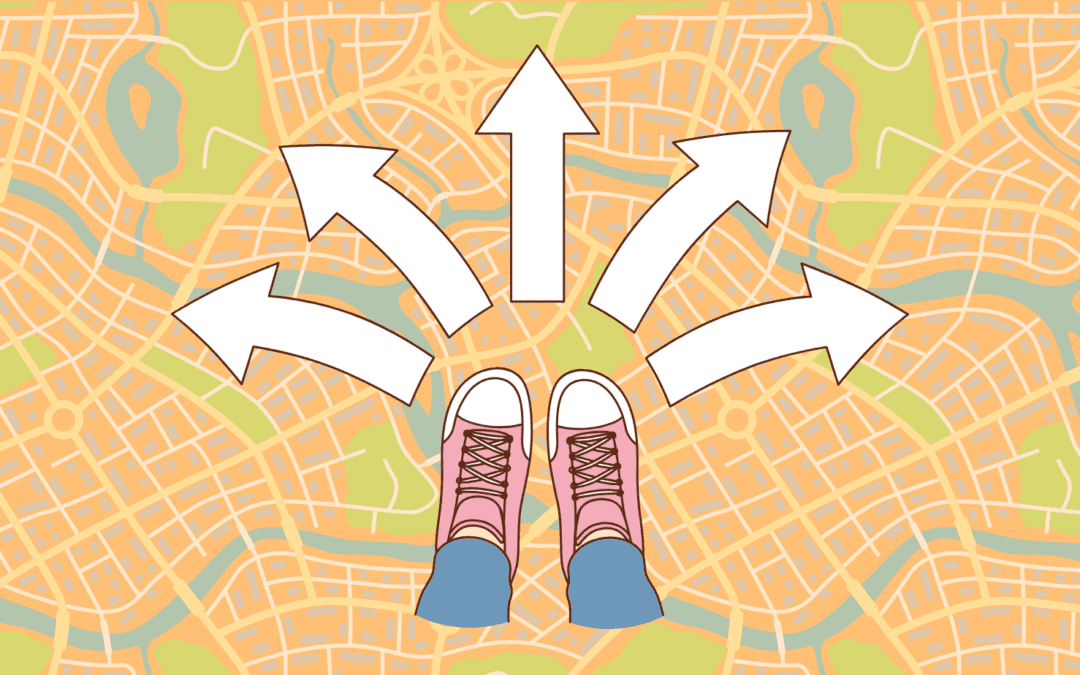 Feet standing on a map with arrows pointing in different directions, representing the different routes to a diagnosis of ADHD