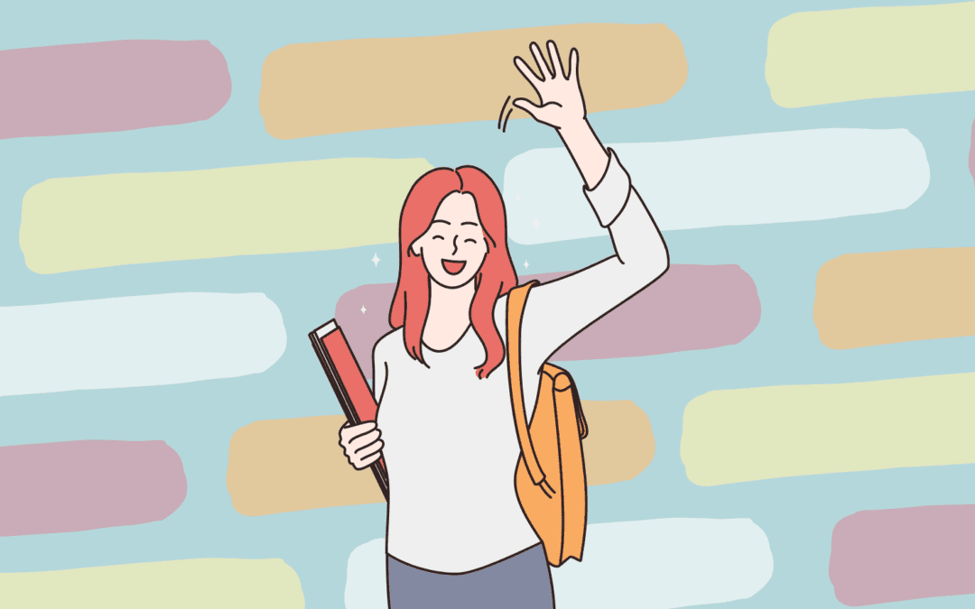 Female medical student carrying books and backpack and waving