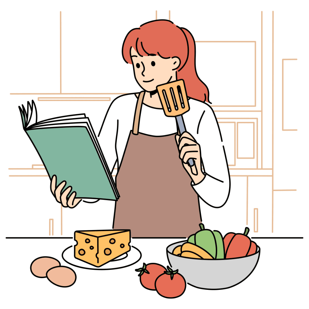 Woman cooking with ingredients including cheese, eggs and vegetables