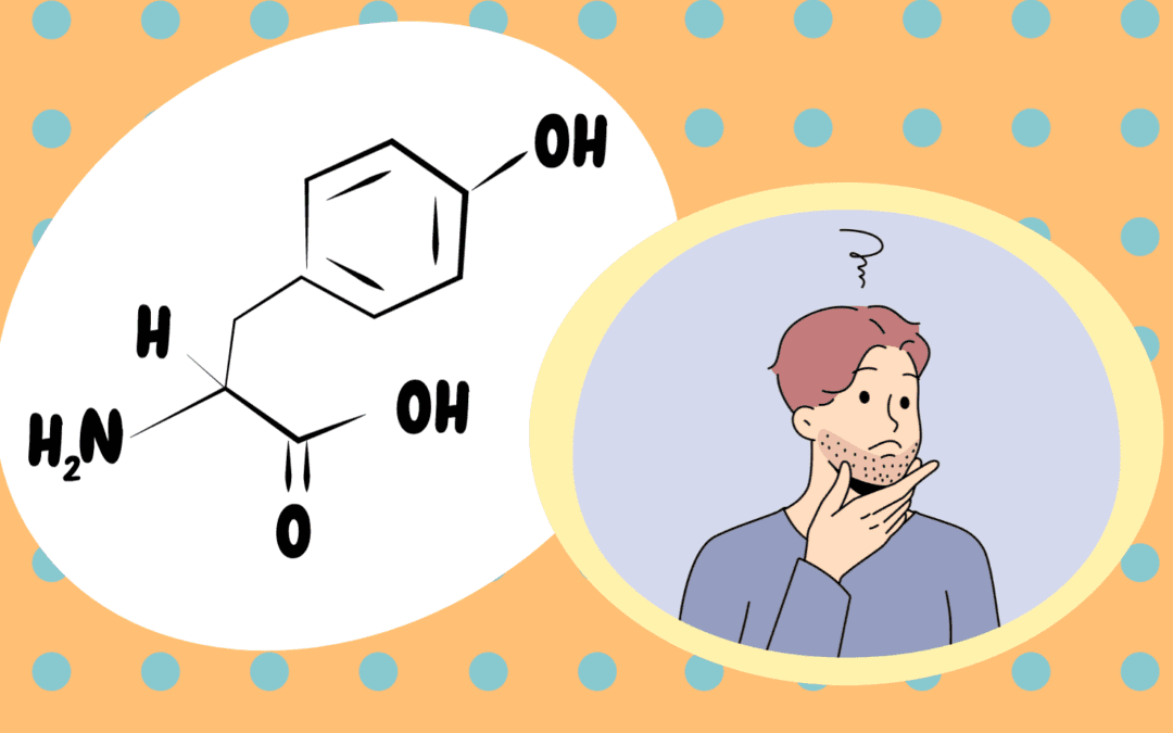 One bubble showing the chemical structure of tyrosine, and another bubble with a man thinking with a question mark above his head